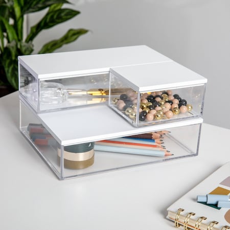 Martha Stewart Brody Clear Plastic Storage Organizer Bins W/ White Engineered Wood Lids, 3 Pack Small/Medium/Large BE-PB3317-WD-3-CL-WH-MS
